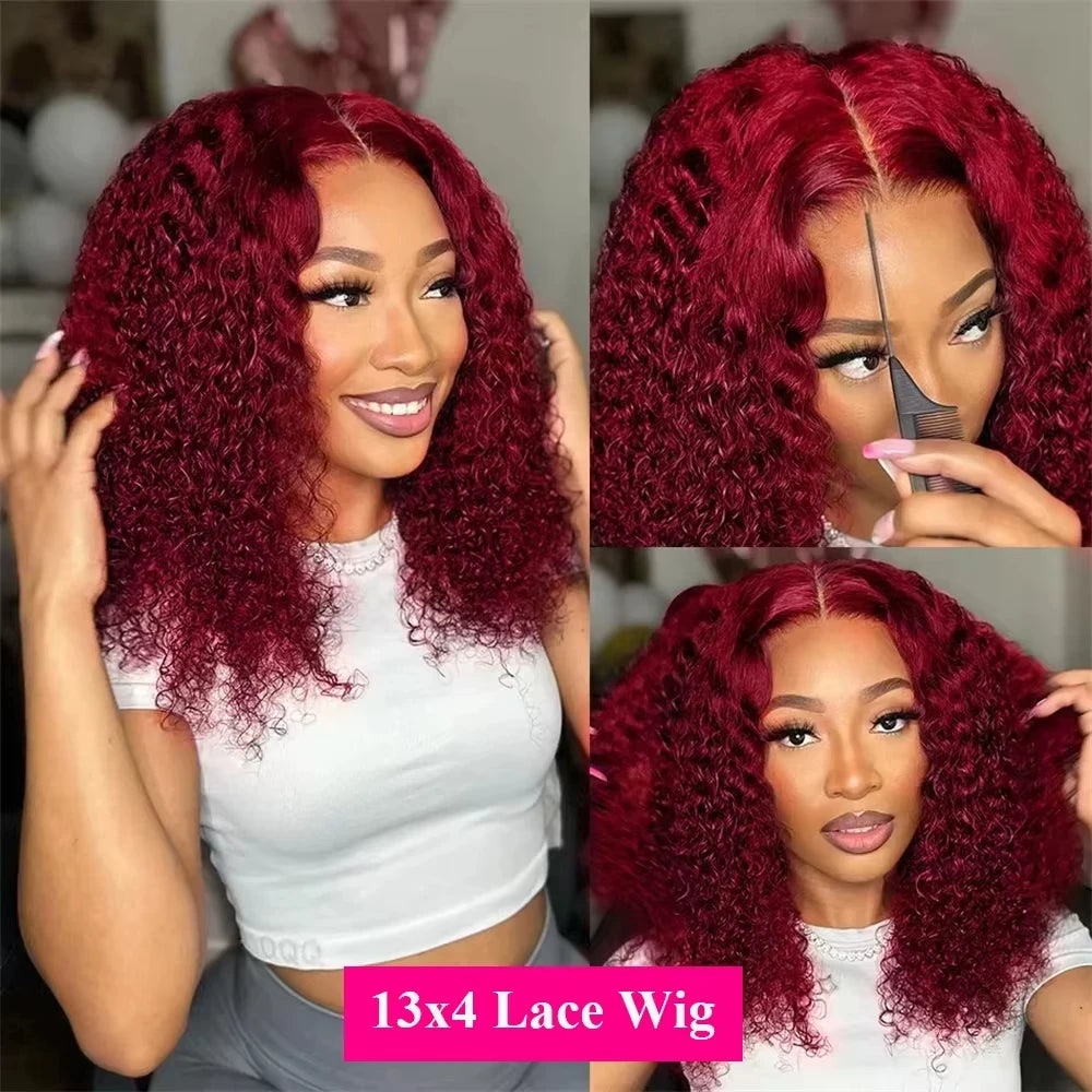 13x4 Lace Frontal Wig Short Bob Kinky Curly Wig Brazilian Deep Water Wave Bob Burgundy Lace Front Wigs Bob 100% Human Hair