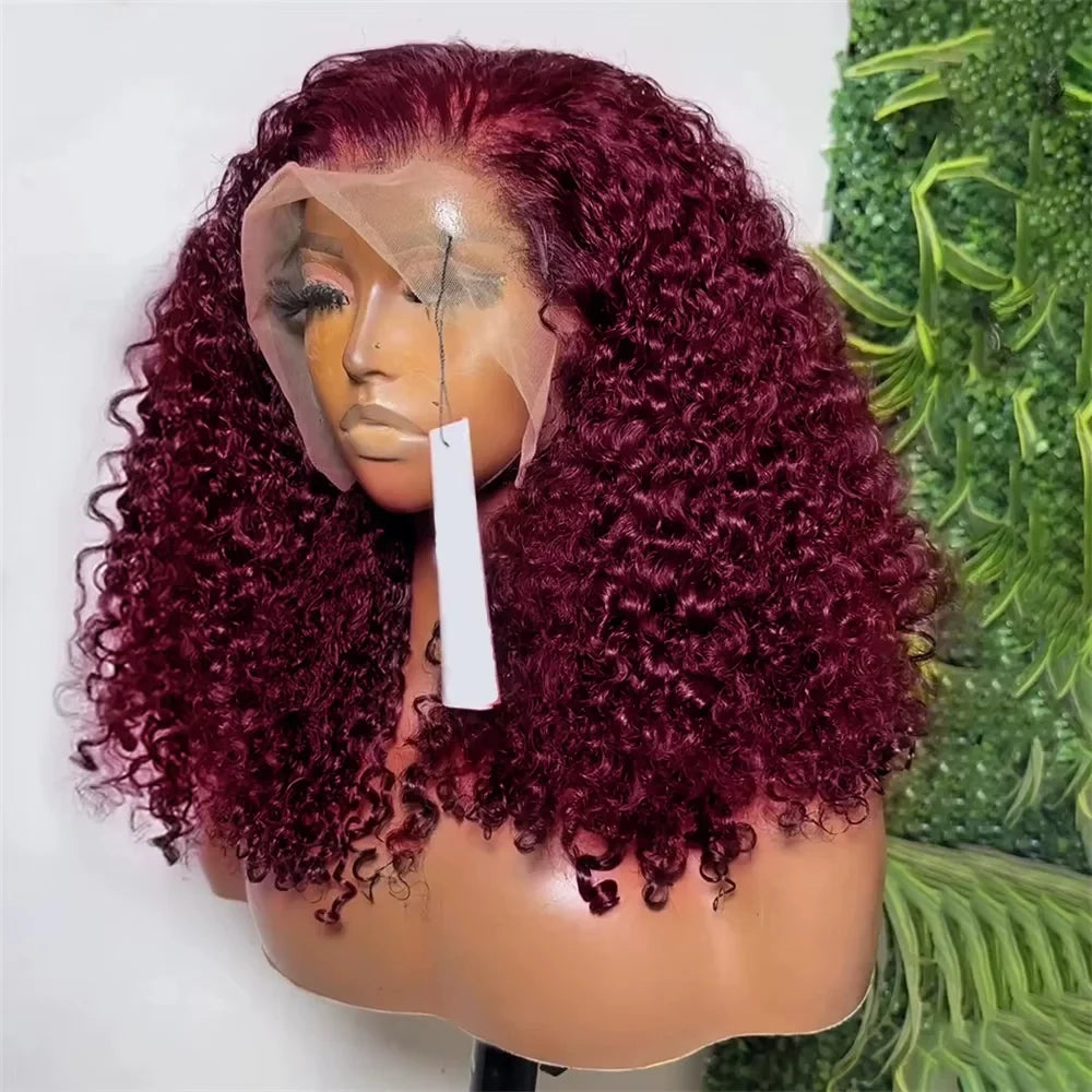 13x4 Lace Frontal Wig Short Bob Kinky Curly Wig Brazilian Deep Water Wave Bob Burgundy Lace Front Wigs Bob 100% Human Hair