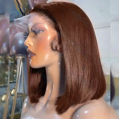 Chocolate Brown Straight Short Bob Wig 13x4 Transparent Lace Front 200% Density Brazilian Human Hair Pre Plucked