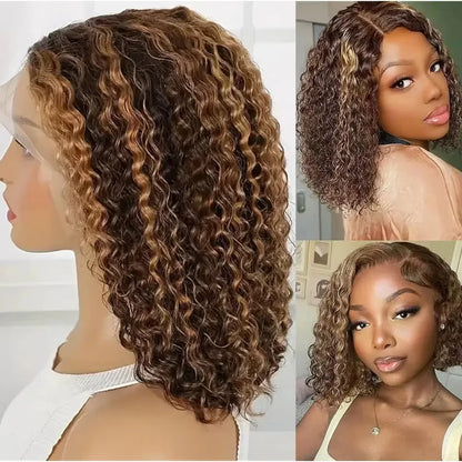 Honey Blonde Highlight Curly Deep Wave Short Bob Wig 13x4 HD Lace Front 200% Density Brazilian Virgin Hair