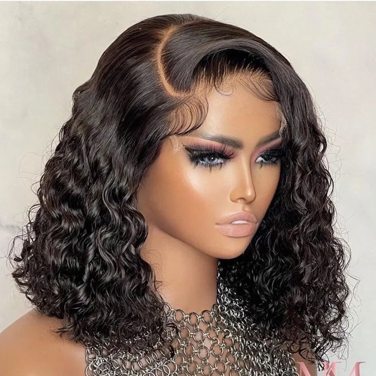 13x4 Bob Frontal Lace Wig Transparent Side Parting Curly Short Human Hair