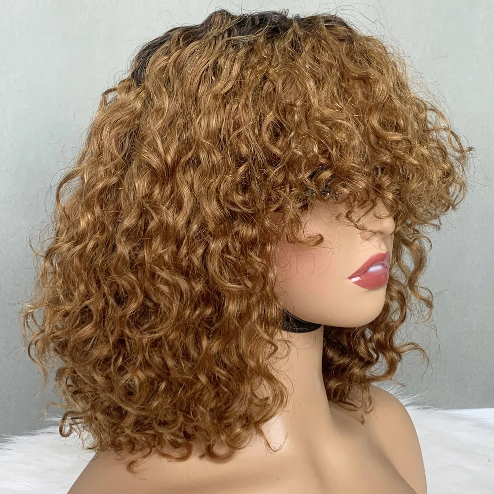 Short Water Wave Bob Wig with Bangs 100% Full Machine Human Hair Wig