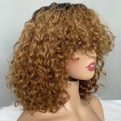 Short Water Wave Bob Wig with Bangs 100% Full Machine Human Hair Wig
