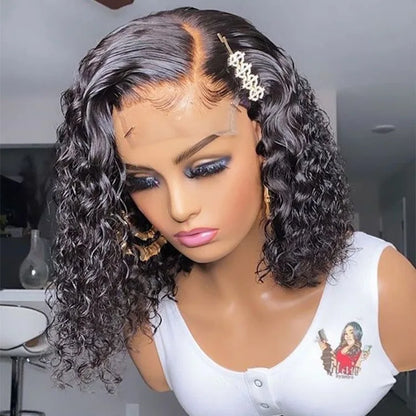 13x4 Bob Frontal Lace Wig Transparent Side Parting Curly Short Human Hair
