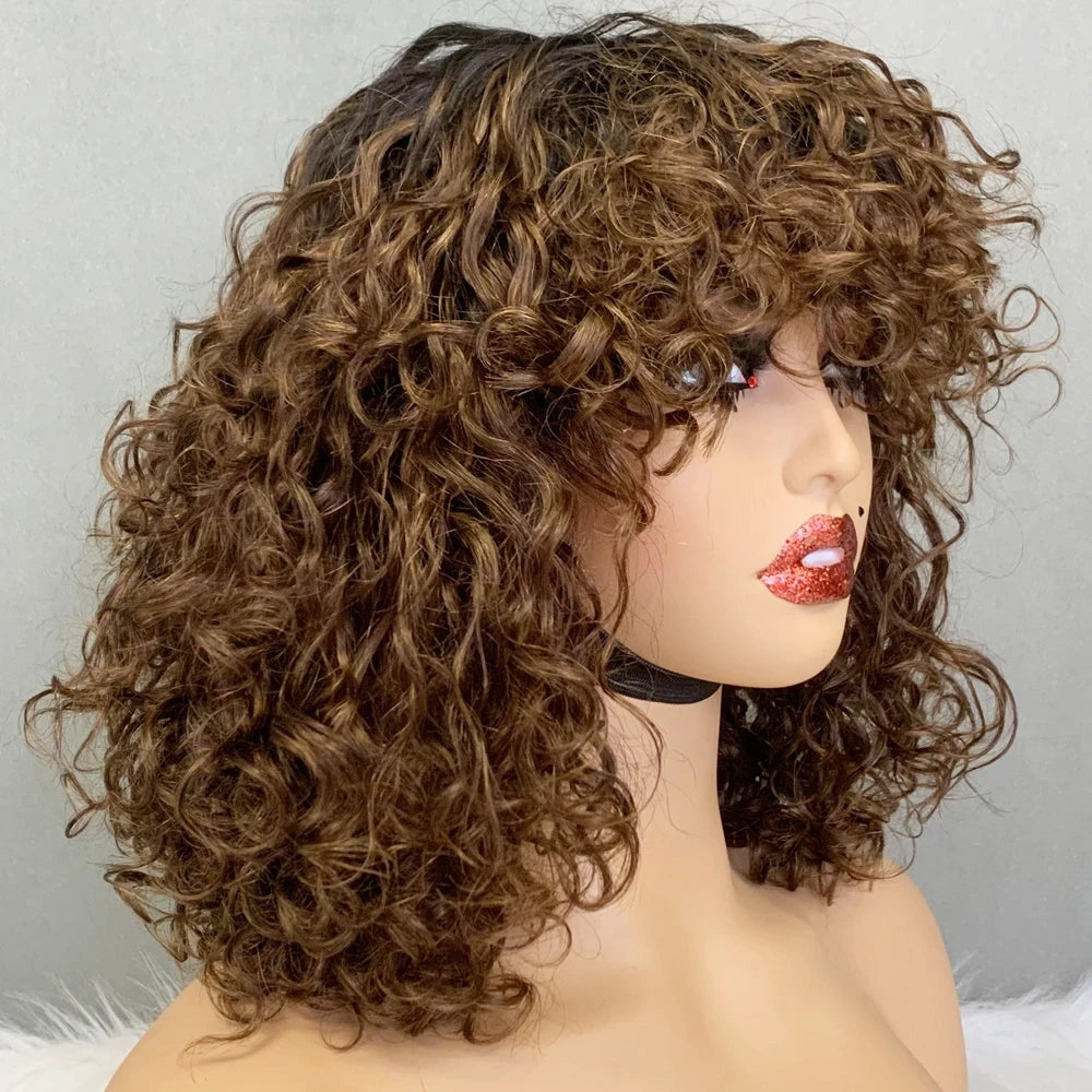 Short Water Wave Bob Wig with Bangs 100% Full Machine Human Hair Wig