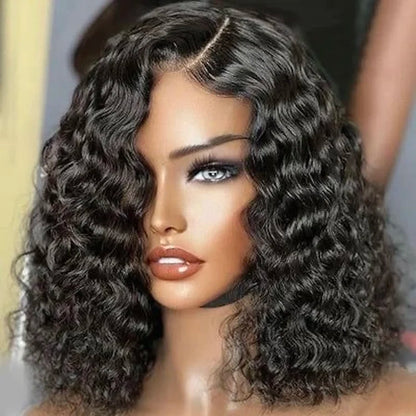 13x4 Bob Frontal Lace Wig Transparent Side Parting Curly Short Human Hair