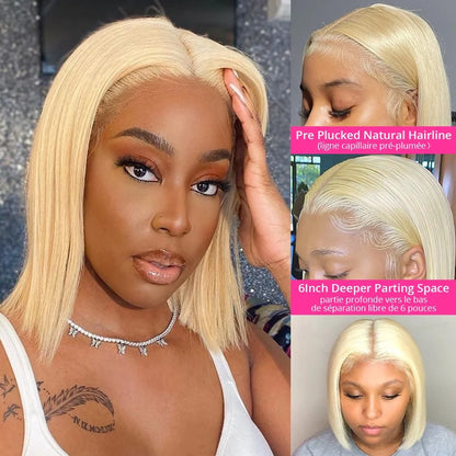 613 Blonde Straight Bob T Part Lace Front Wig 150% Density Human Hair