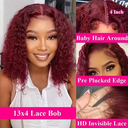 13x4 Lace Frontal Wig Short Bob Kinky Curly Wig Brazilian Deep Water Wave Bob Burgundy Lace Front Wigs Bob 100% Human Hair
