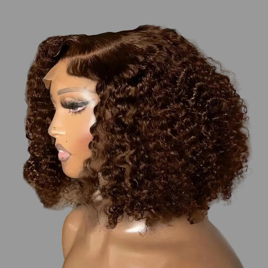 Chocolate Brown #4 Deep Wave Short Bob 13x4 Lace Front Wig 180% Density Pre Plucked Human Hair