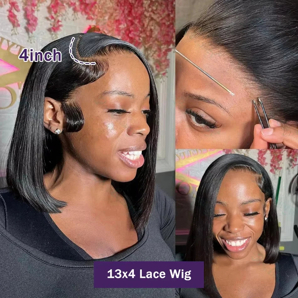 13x4 HD Transparent Bone Straight Lace Frontal Human Hair Short Bob Wig Pre Plucked 4x4 Lace Closure Wigs 200%