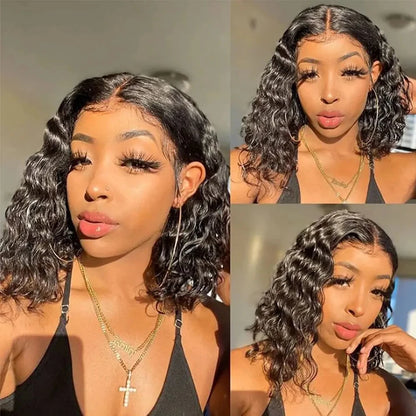 Deep Wave 13x4 Lace Front Short Bob Wig 180% Density Human Hair Pre Plucked