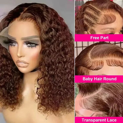 200% Brown Deep Wave Short Bob 13x4 Lace Front Wig #4 Color Human Hair