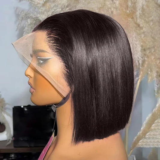 Straight Short Bob 13x4 HD Lace Front Wig 180% Density Brazilian Remy Human Hair Pre Plucked 12 Inch