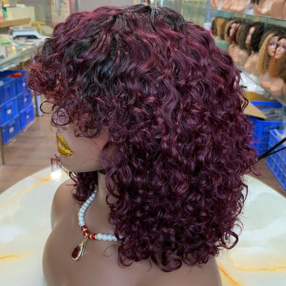 Short Water Wave Bob Wig with Bangs 100% Full Machine Human Hair Wig