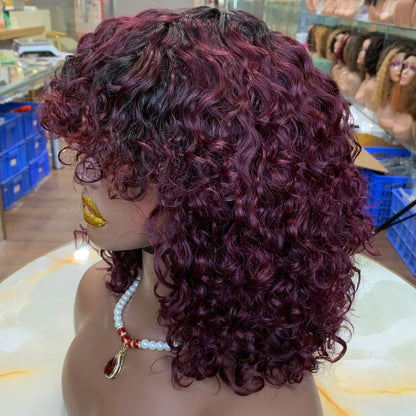 Short Water Wave Bob Wig with Bangs 100% Full Machine Human Hair Wig