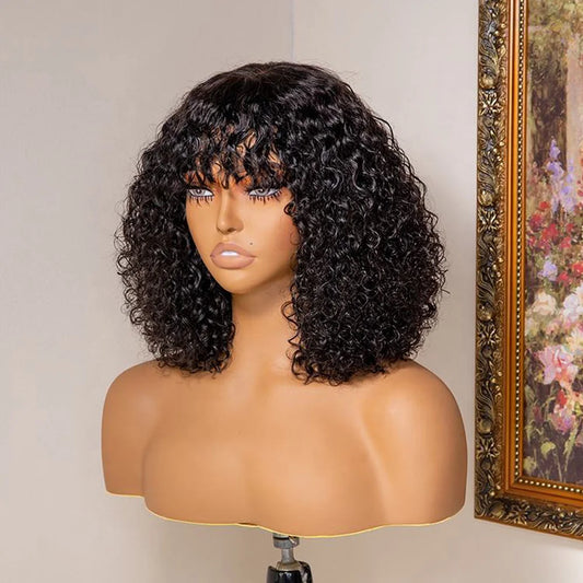 Short Water Wave Bob Wig with Bangs 100% Full Machine Human Hair Wig