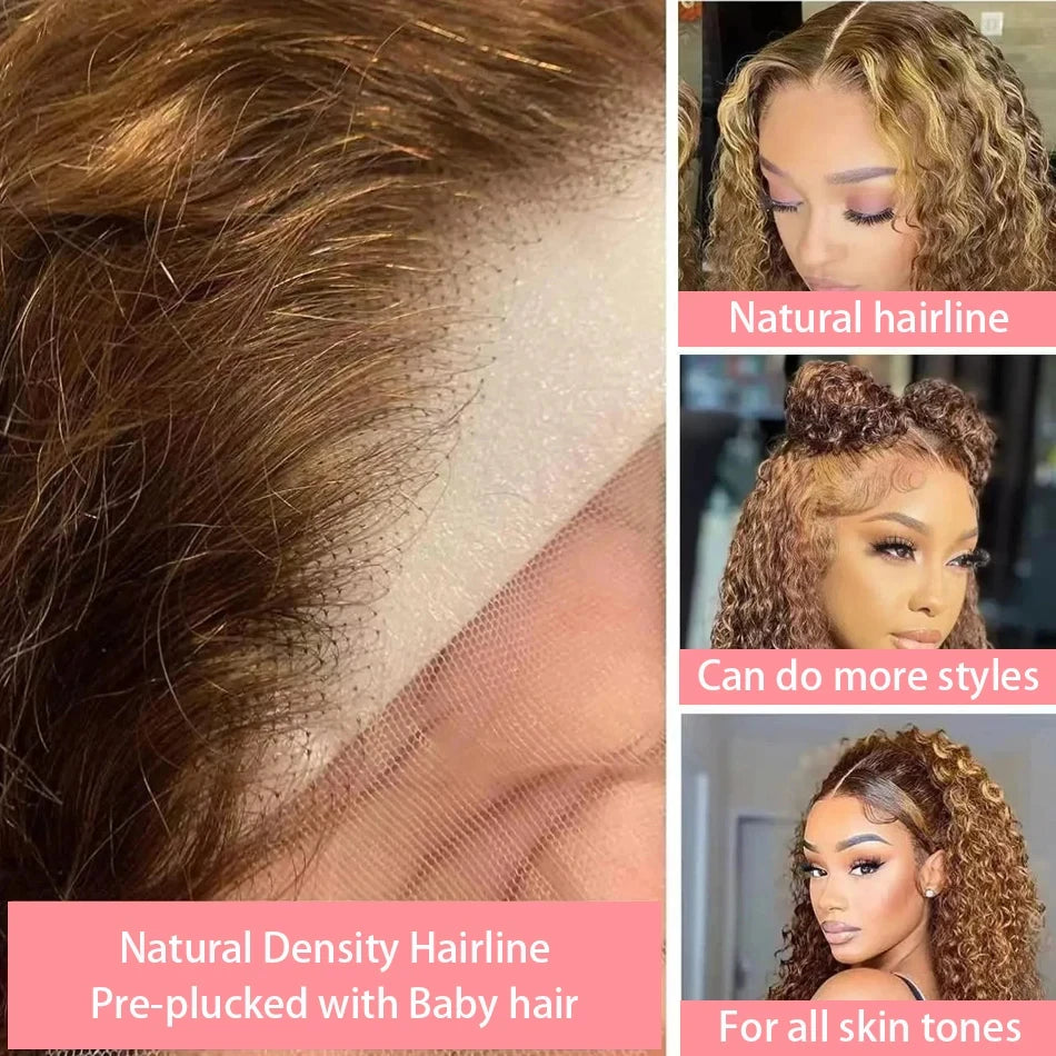 Honey Blonde Highlight Curly Deep Wave Short Bob Wig 13x4 HD Lace Front 200% Density Brazilian Virgin Hair