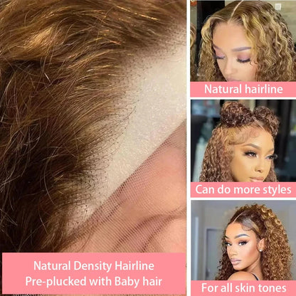 Honey Blonde Highlight Curly Deep Wave Short Bob Wig 13x4 HD Lace Front 200% Density Brazilian Virgin Hair