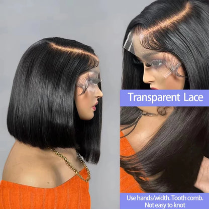 Straight Short Bob 13x4 HD Lace Front Wig 180% Density Brazilian Remy Human Hair Pre Plucked 12 Inch