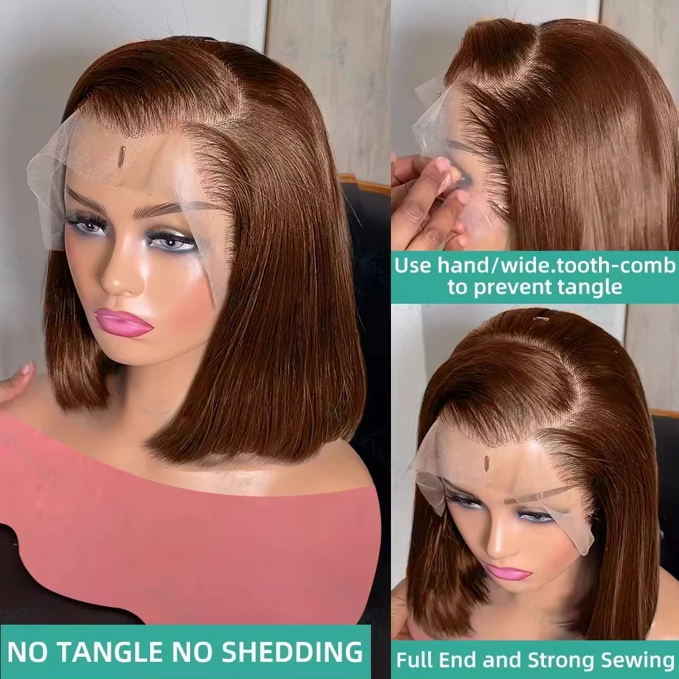 Chocolate Brown Straight Short Bob Wig 13x4 Transparent Lace Front 200% Density Brazilian Human Hair Pre Plucked