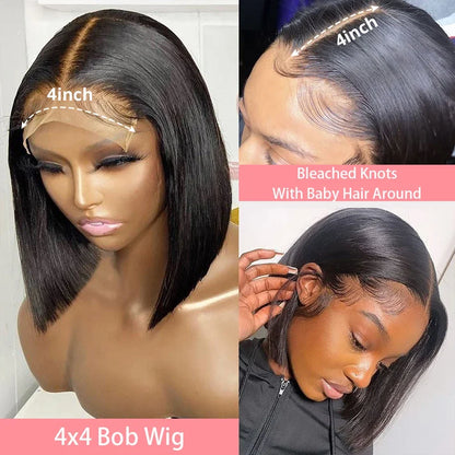 Short Bob Straight 13x4 HD Lace Front Wig Brazilian Remy Human Hair 200% Density Pre Plucked 14–16 Inch