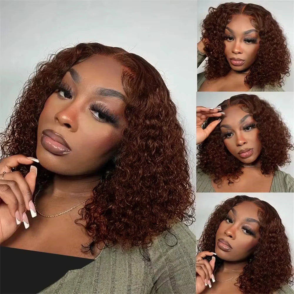 200% Brown Deep Wave Short Bob 13x4 Lace Front Wig #4 Color Human Hair