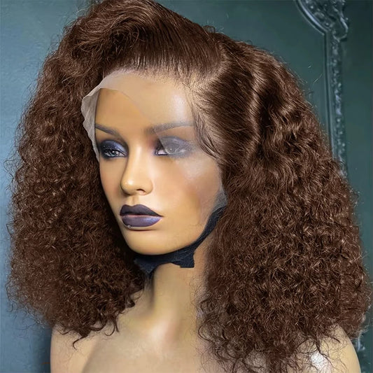 200% Brown Deep Wave Short Bob 13x4 Lace Front Wig #4 Color Human Hair