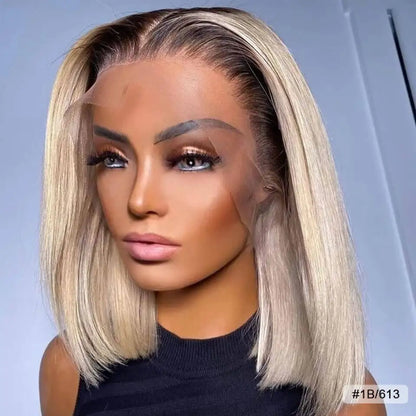 613 Blonde Straight Bob T Part Lace Front Wig 150% Density Human Hair