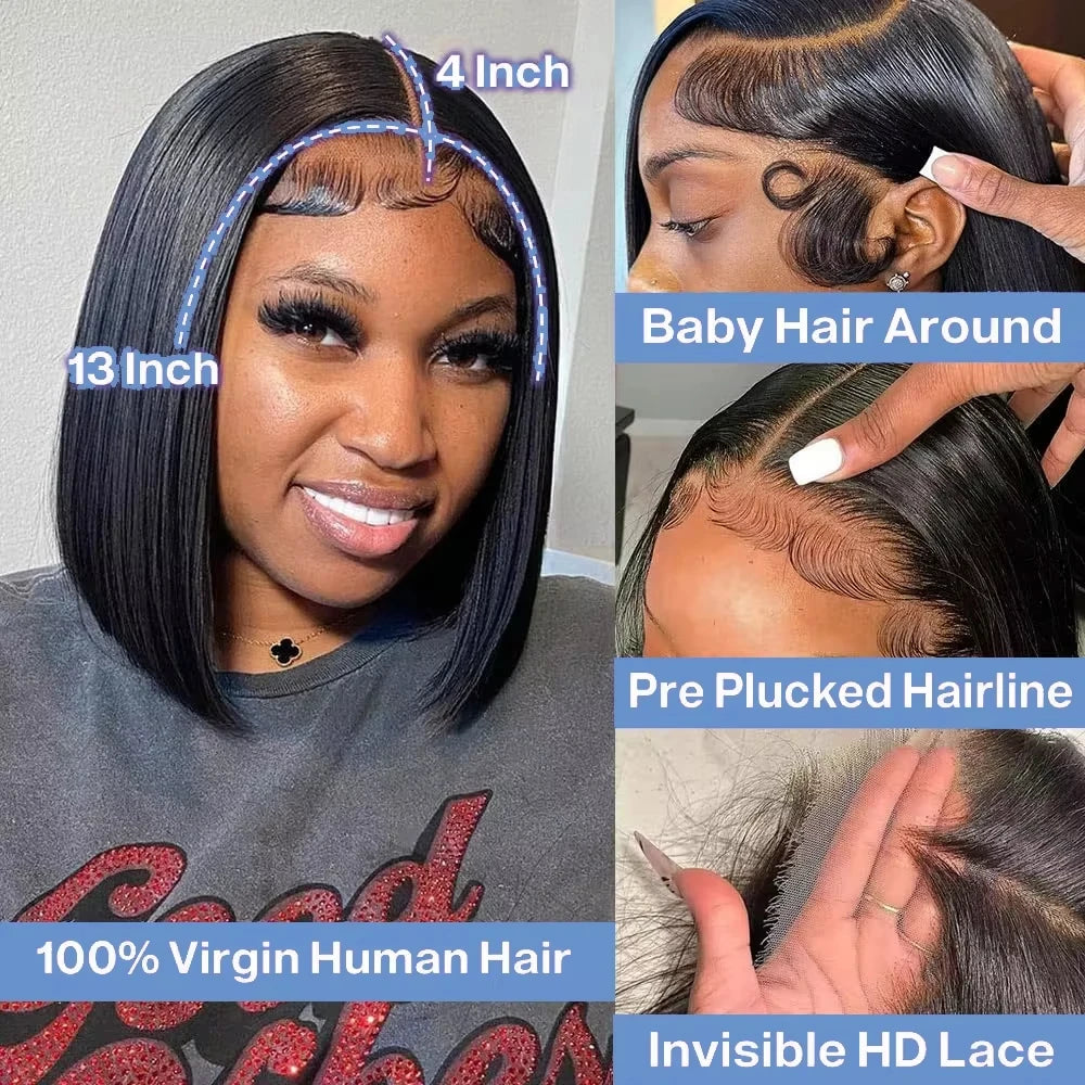 13x4 HD Transparent Bone Straight Lace Frontal Human Hair Short Bob Wig Pre Plucked 4x4 Lace Closure Wigs 200%