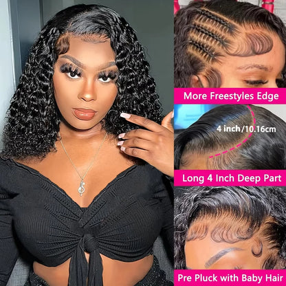 Deep Wave 13x4 Lace Front Short Bob Wig 200% Density Brazilian Virgin Human Hair Baby Hair Pre Plucked