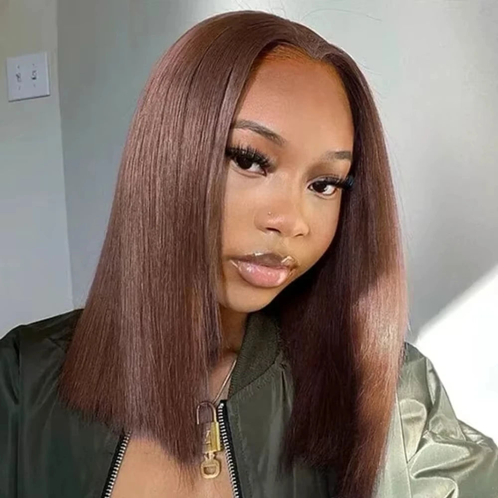Chocolate Brown Straight Short Bob Wig 13x4 Transparent Lace Front 200% Density Brazilian Human Hair Pre Plucked